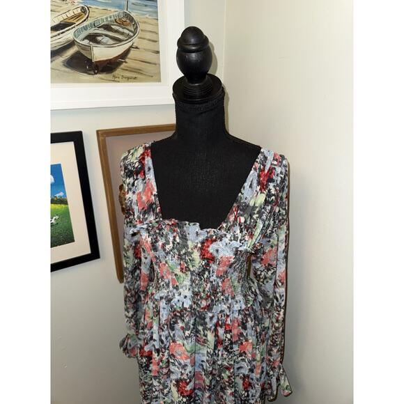 Cinq à Sept Leigh Floral Print Ruffle Maxi Dress 6 Smocked Slit Sleeve Prairie - Picture 4 of 7